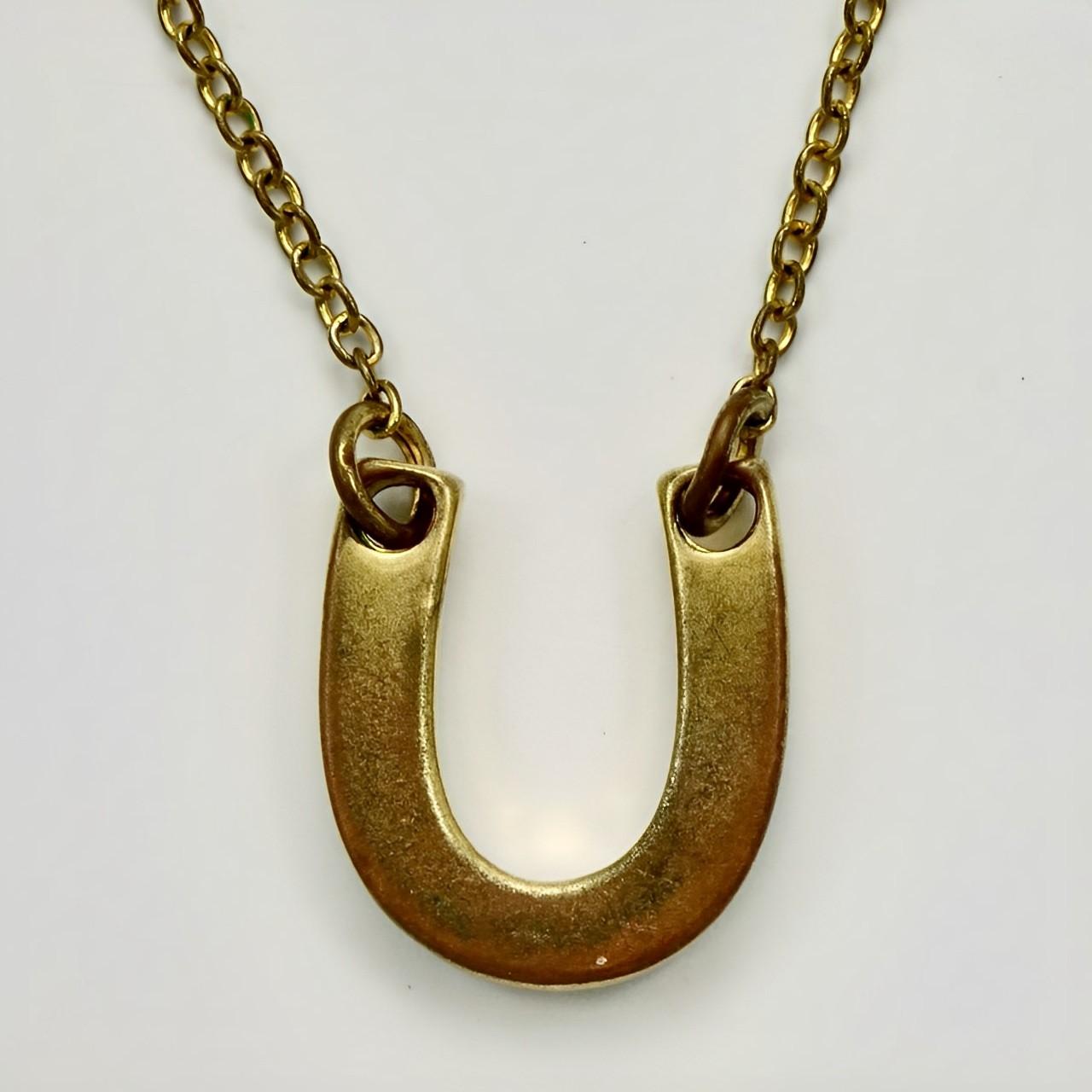 Victorian Antique Gold Gilt Metal and Turquoise Horseshoe Pendant and Chain