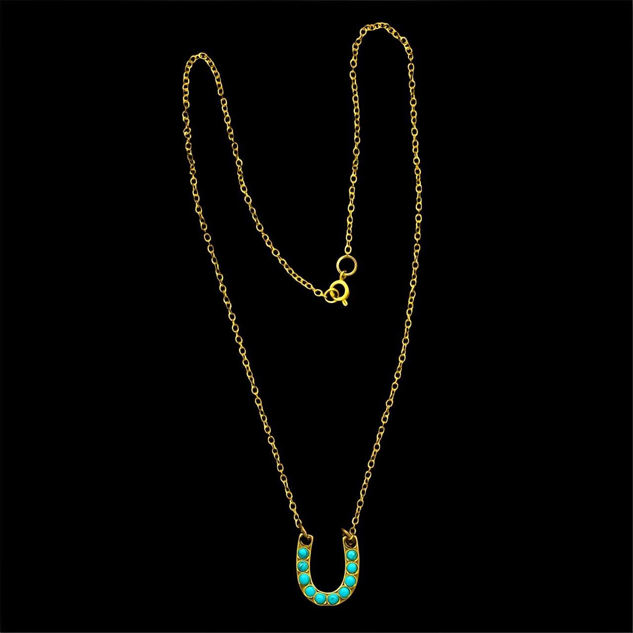 Women's or Men's Antique Gold Gilt Metal and Turquoise Horseshoe Pendant and Chain