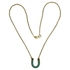 Antique Gold Gilt Metal and Turquoise Horseshoe Pendant and Chain