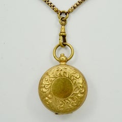 Antique Gold Gilt Metal Long Guard Chain Brass Sovereign Coin Holder Pendant