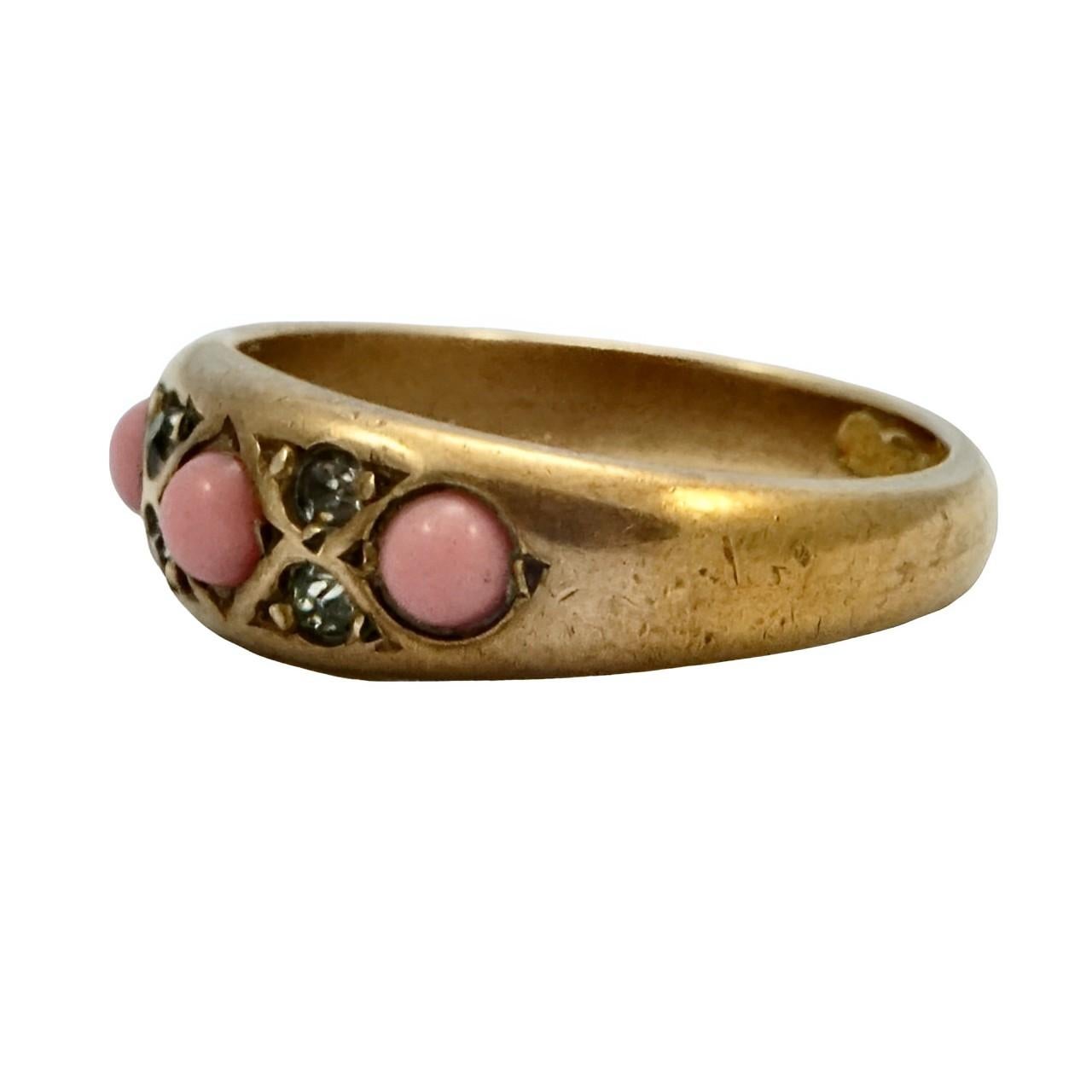 Victorian Antique Gold Gilt Metal Ring with Pink Glass Stones and Clear Paste Stones For Sale