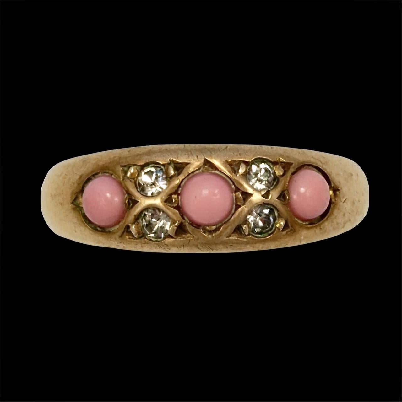 Antique Gold Gilt Metal Ring with Pink Glass Stones and Clear Paste Stones For Sale 2