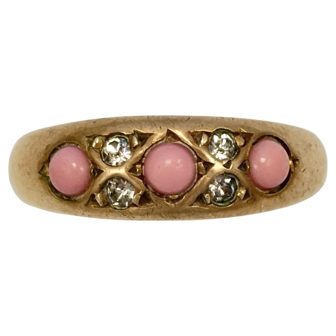 Antique Gold Gilt Metal Ring with Pink Glass Stones and Clear Paste Stones For Sale
