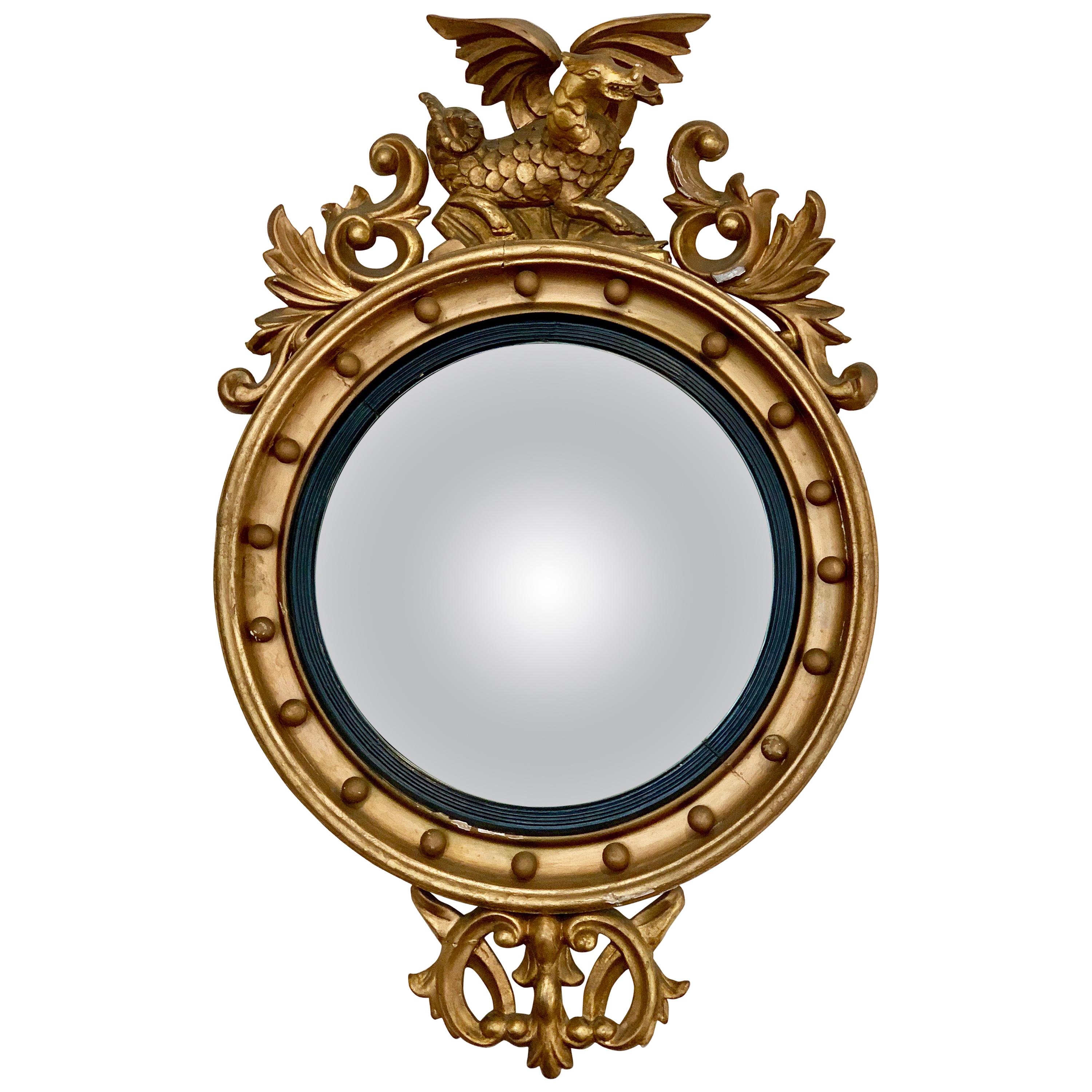 Antique Gold Giltwood Convex Mirror with Winged Dragon
