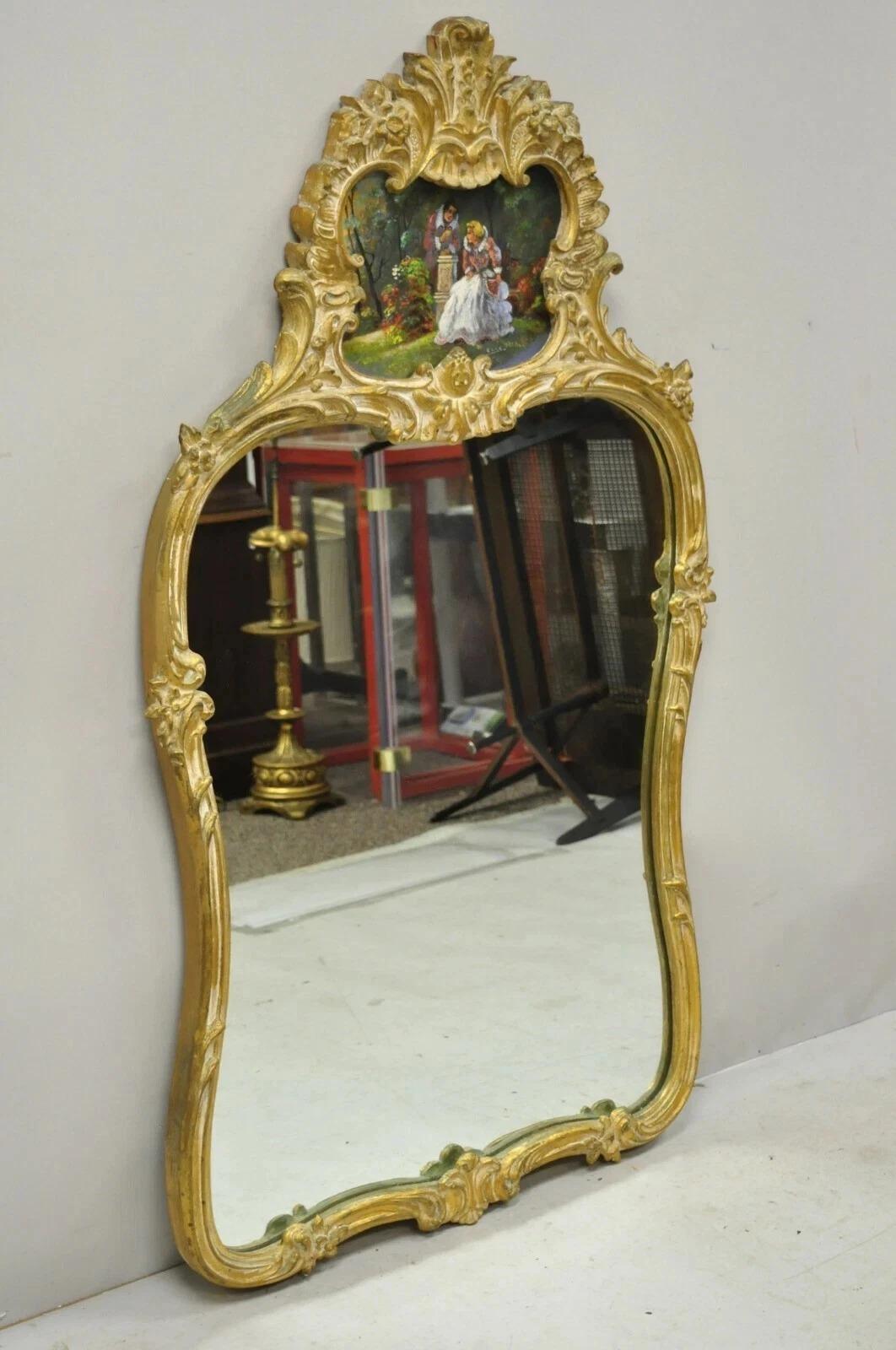 Antique Mirror da parete vittoriano francese in legno dorato con scena di corteggiamento dipinta in vendita 5