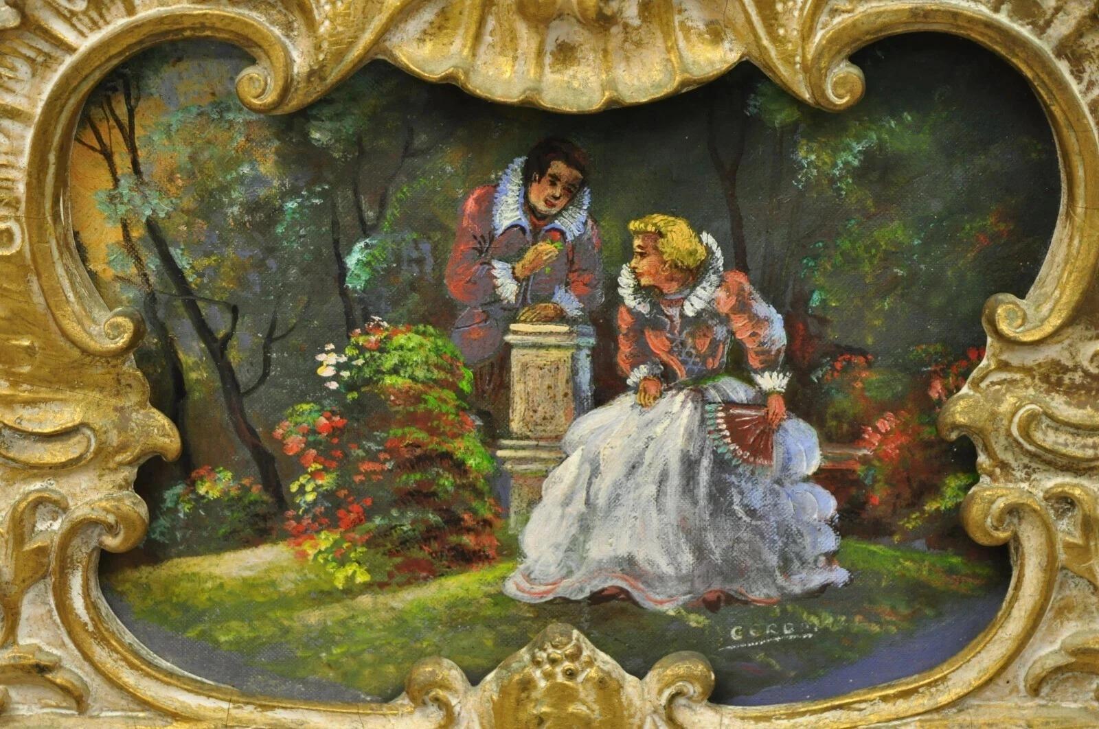 Vittoriano Antique Mirror da parete vittoriano francese in legno dorato con scena di corteggiamento dipinta in vendita