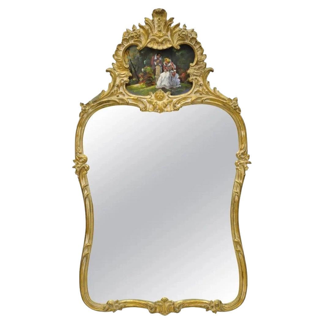 Antique Antique Mirror Victorien Français en bois doré avec scène de cour peinte
