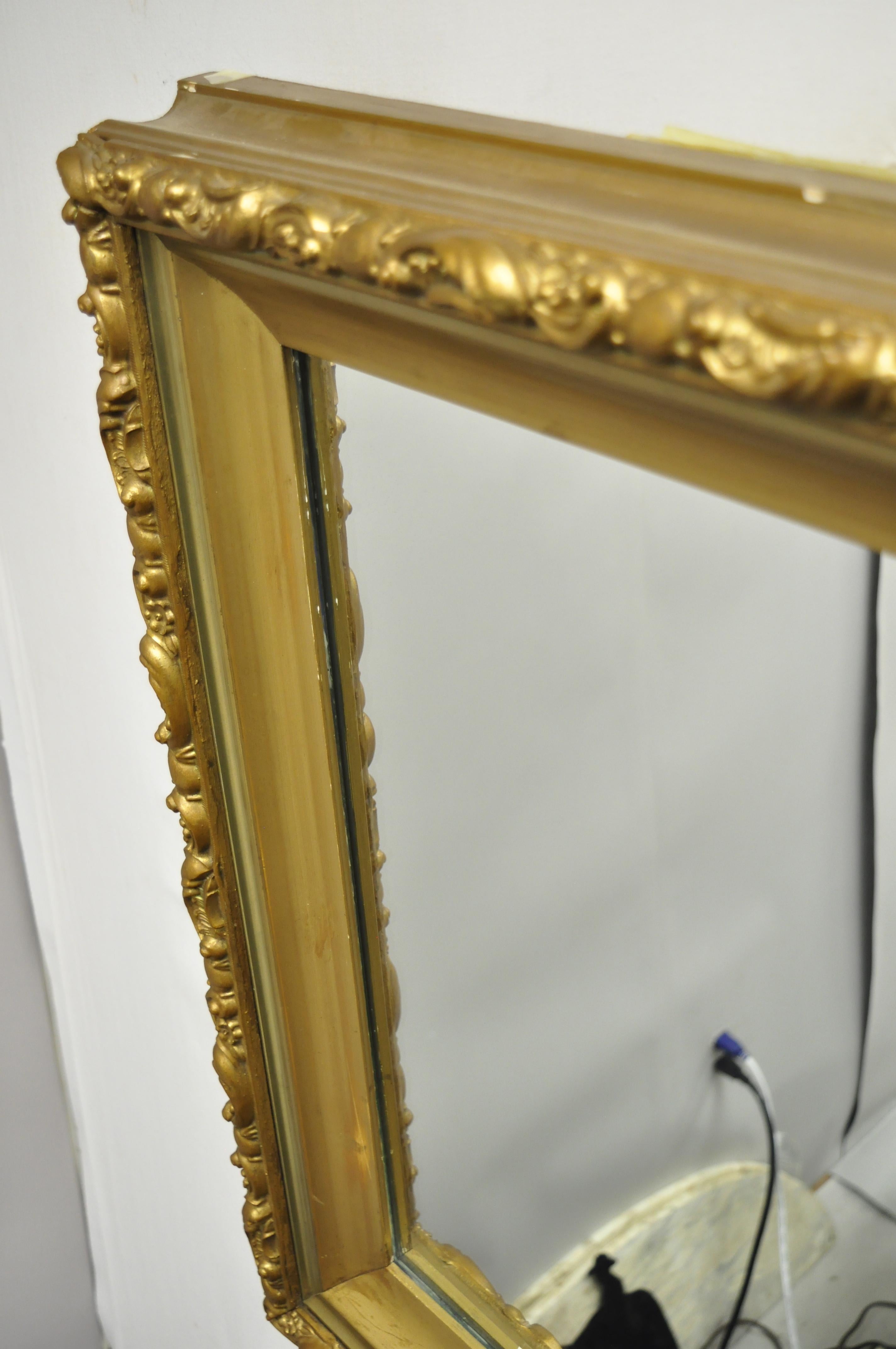 North American Antique Gold Giltwood Gesso French Victorian Deep Frame Wall Mirror For Sale