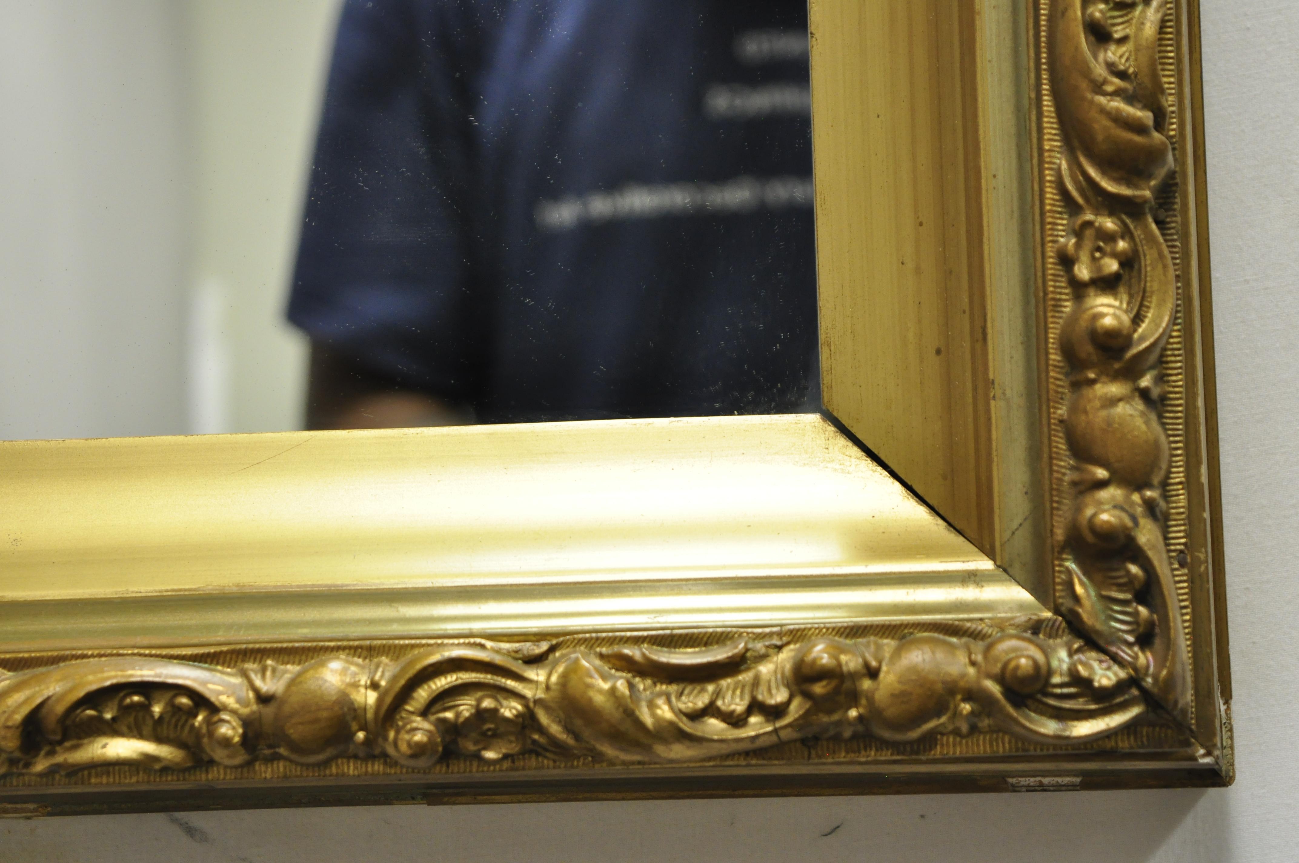 20th Century Antique Gold Giltwood Gesso French Victorian Deep Frame Wall Mirror For Sale