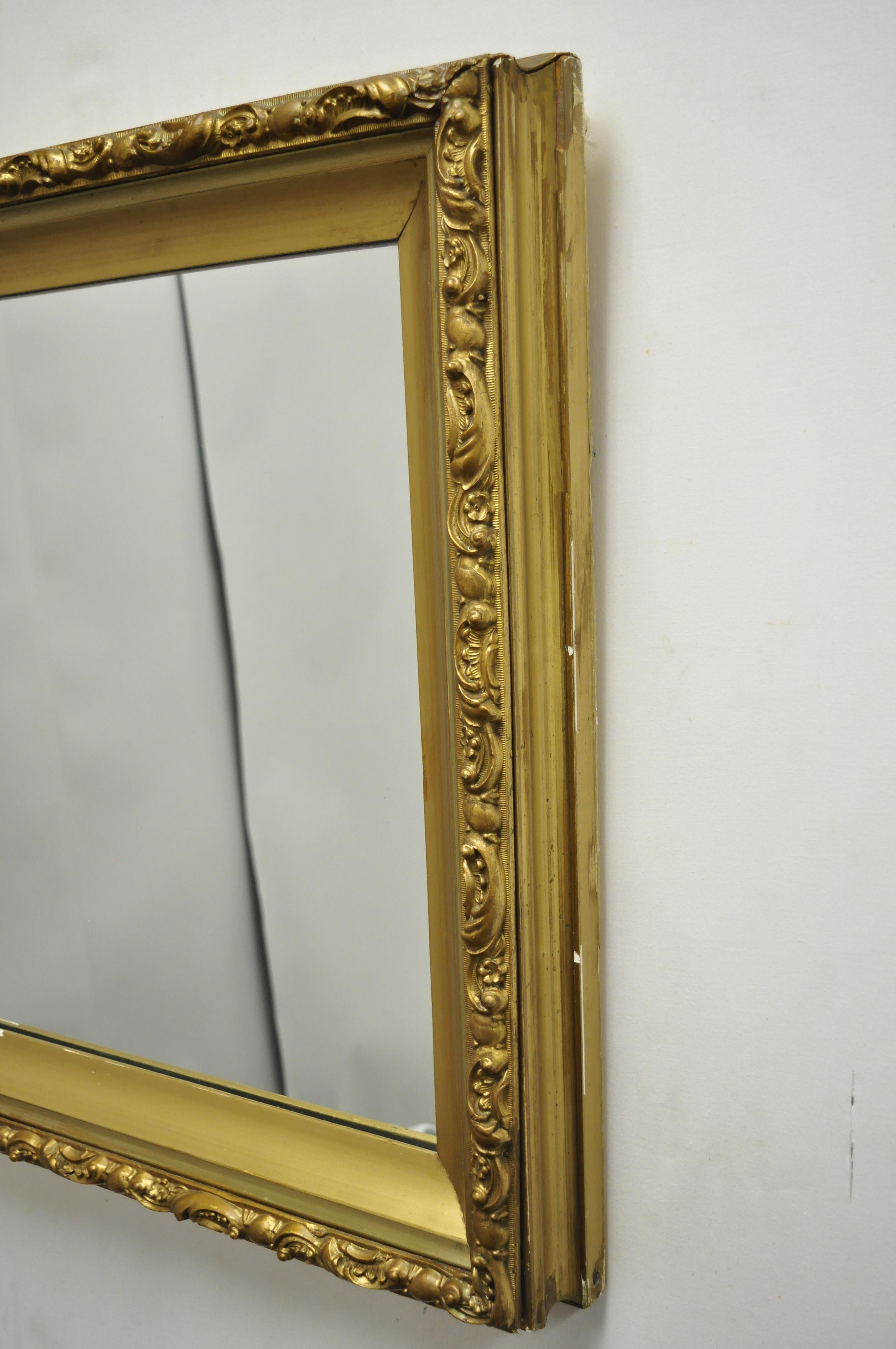 Antique Gold Giltwood Gesso French Victorian Deep Frame Wall Mirror For Sale 1