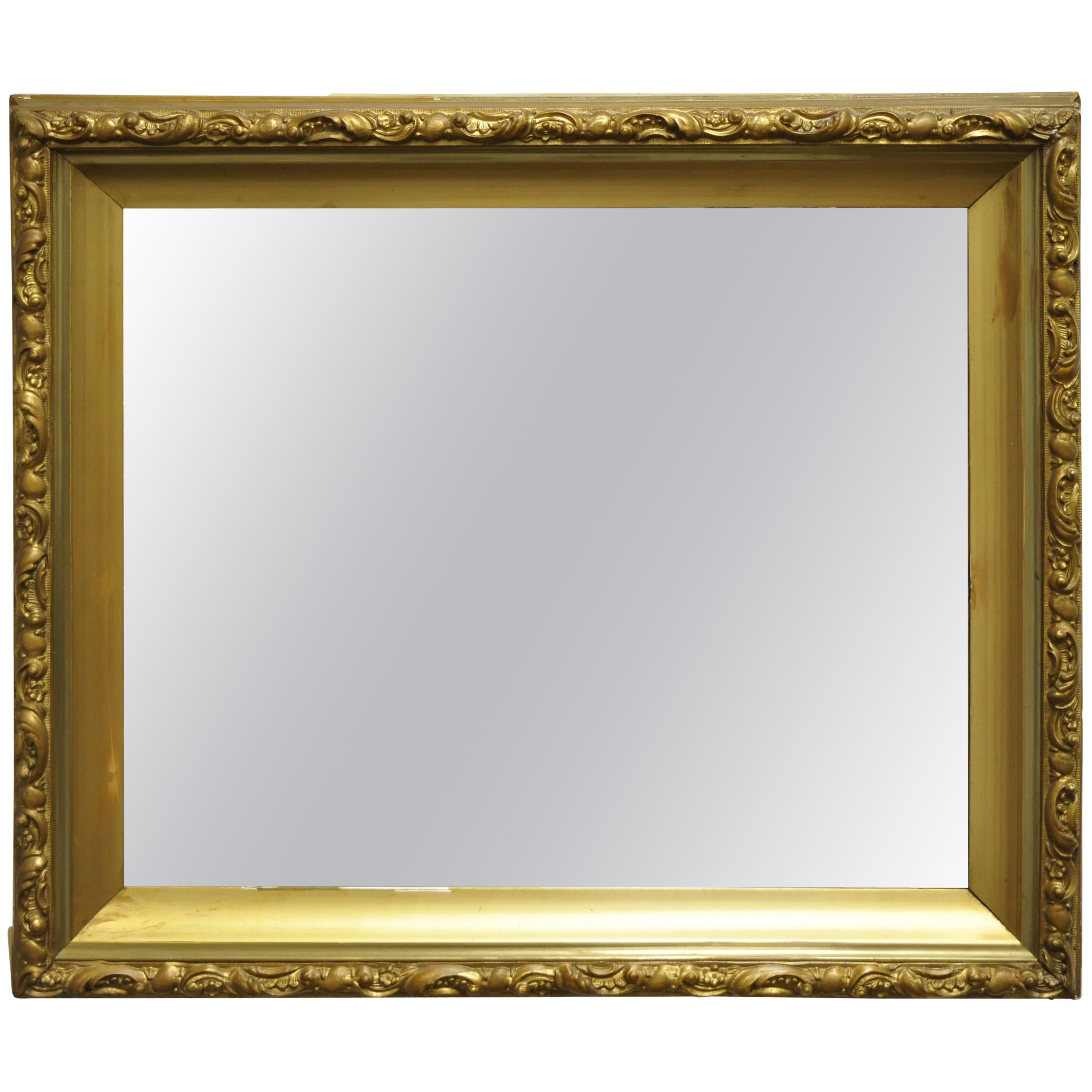 Antique Gold Giltwood Gesso French Victorian Deep Frame Wall Mirror For Sale