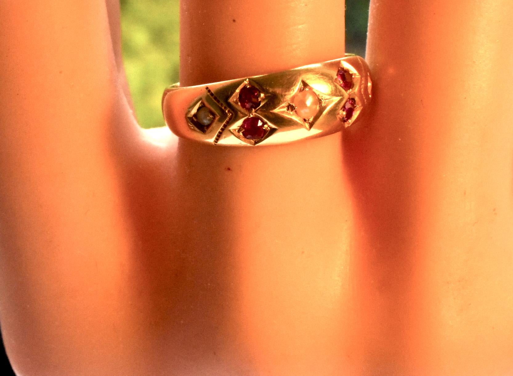 Women's or Men's Antique Gold Gypsy Ring with Rubies and Pearls