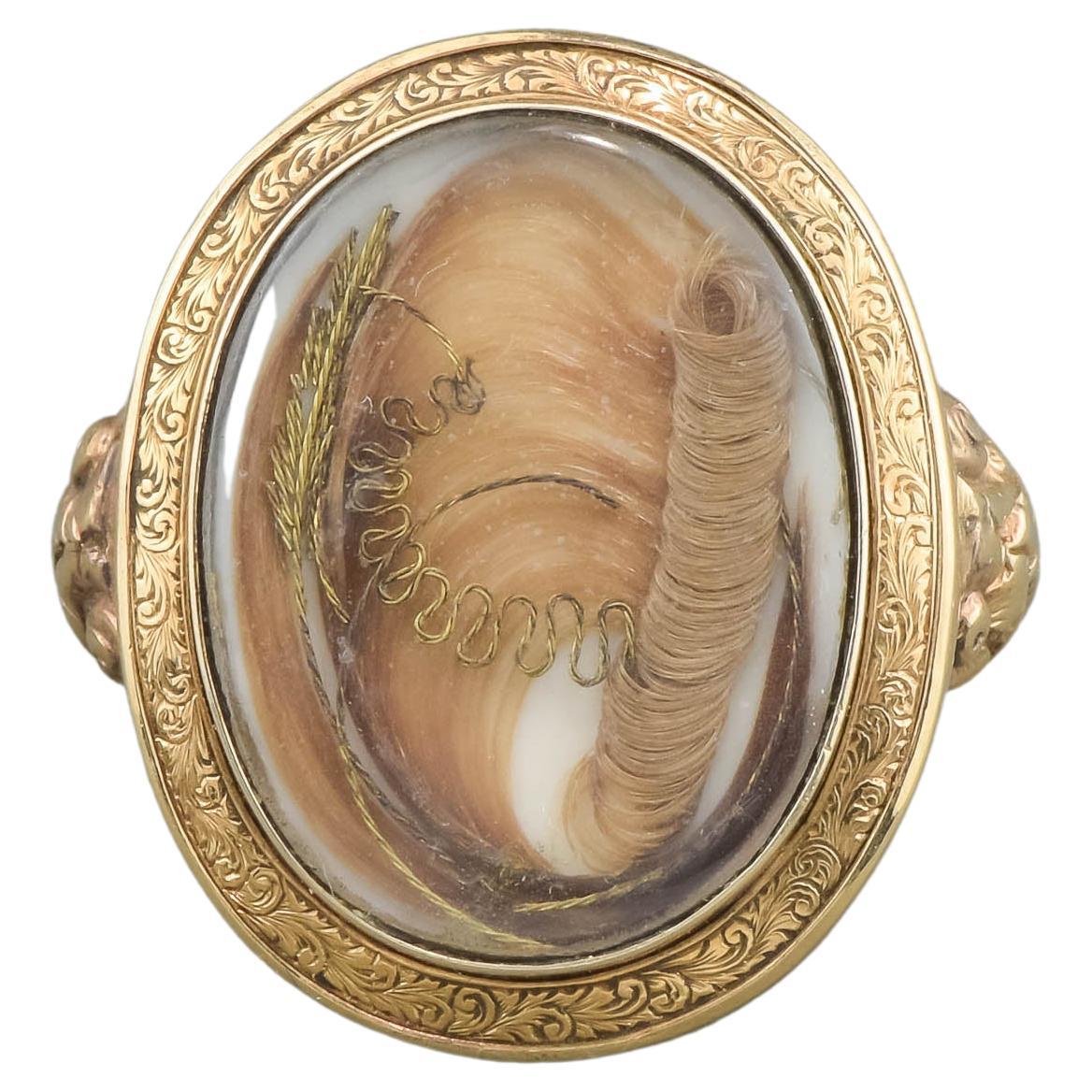 Antique Gold Hair Work Locket Face Ring with Foliate Engraving, 1860 For Sale