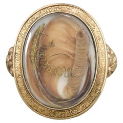 Antique Gold Hair Work Locket Face Ring with Foliate Engraving, 1860