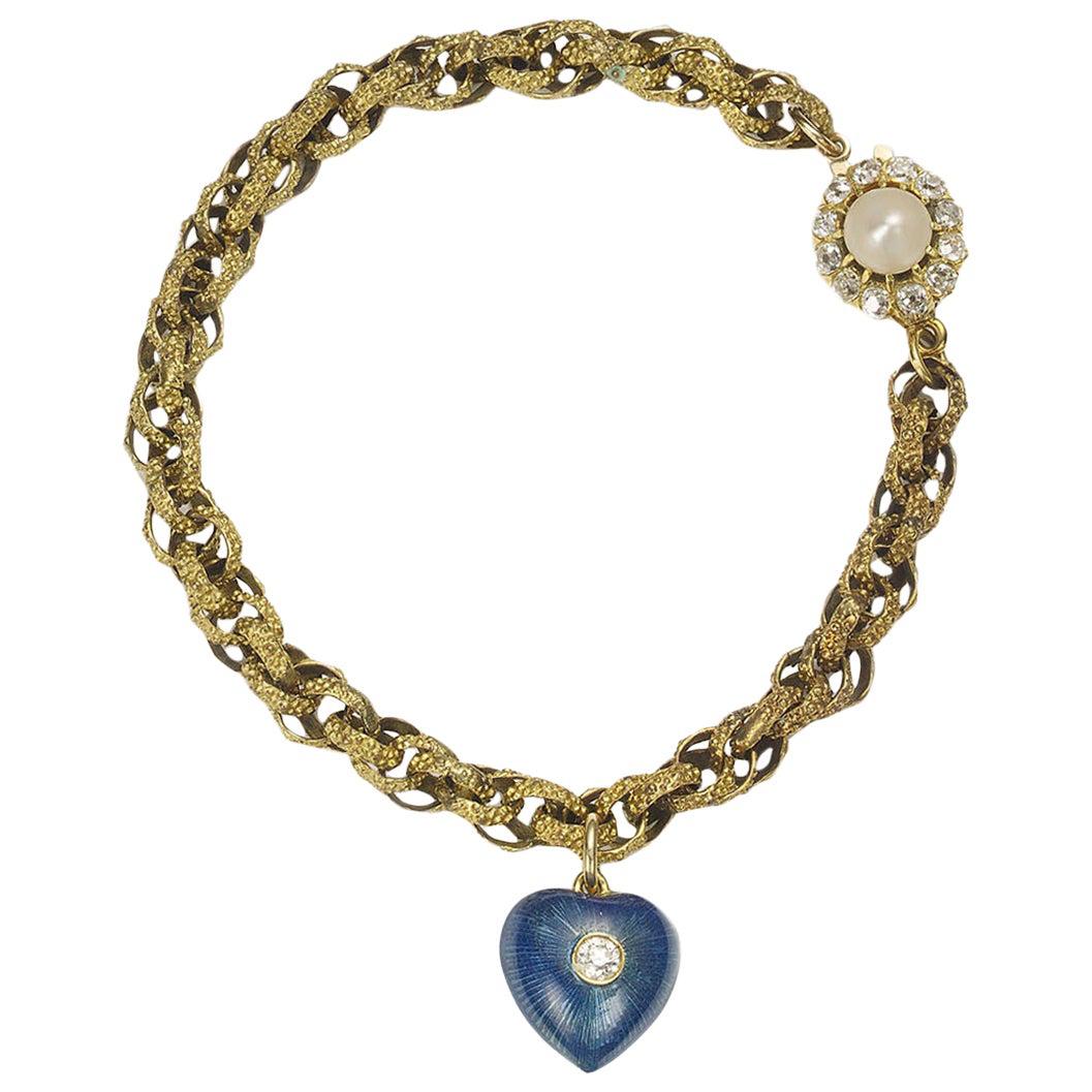 Antique Gold Heart Charm Bracelet For Sale