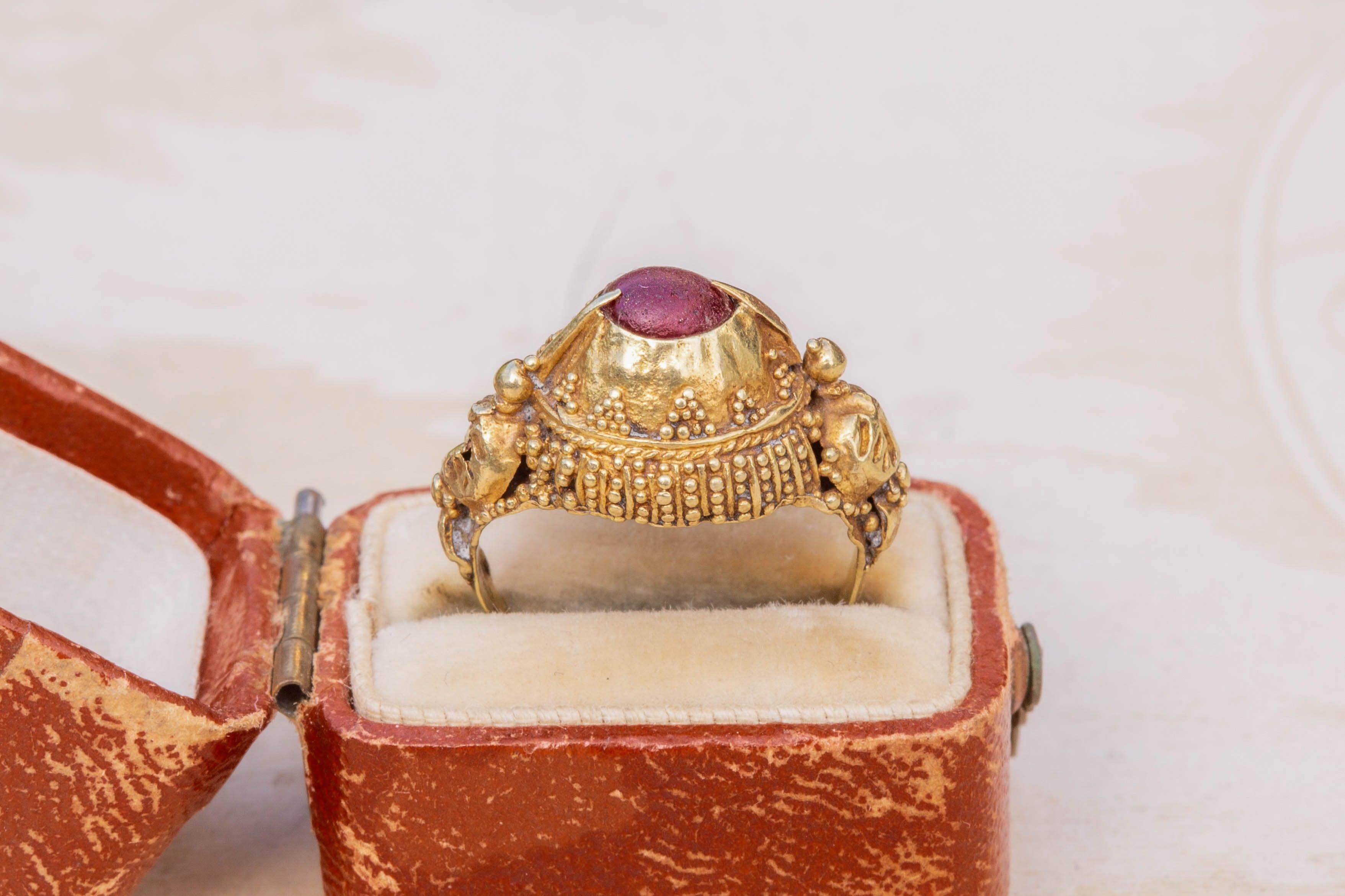Antique Gold Indonesian Bali Garnet Ring 19th Century Hummingbird Gold Ring For Sale 6