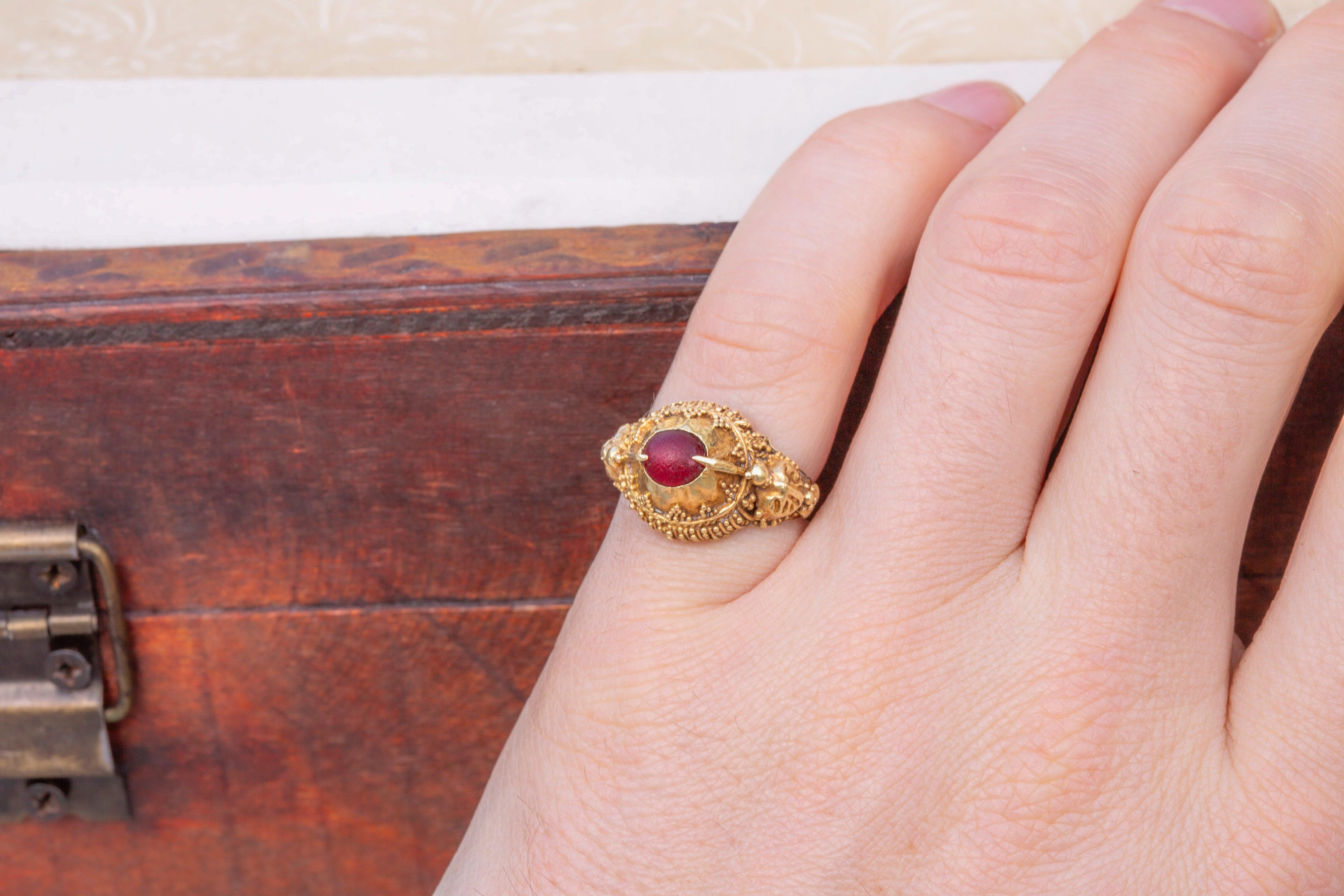Antique Gold Indonesian Bali Garnet Ring 19th Century Hummingbird Gold Ring For Sale 9