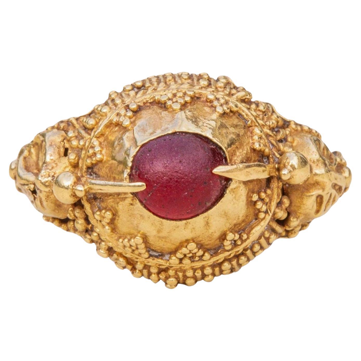Antique Gold Indonesian Bali Garnet Ring 19th Century Hummingbird Gold Ring For Sale