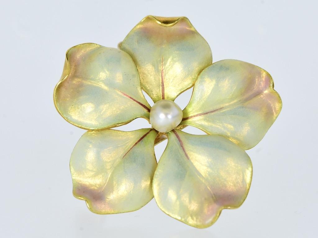 Oro antico cangiante  Fiore smaltato e NAT. Spilla Art Nouveau con perle, c.I.C. 1895 In condizioni ottime in vendita a Aspen, CO