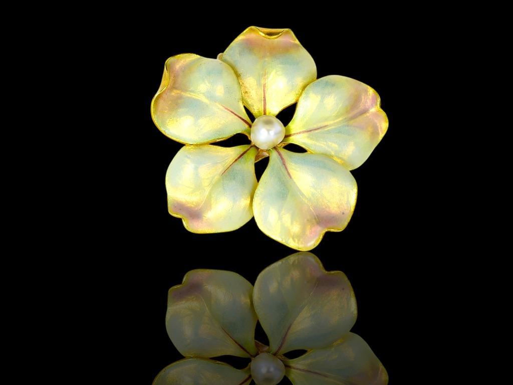 Perlina Oro antico cangiante  Fiore smaltato e NAT. Spilla Art Nouveau con perle, c.I.C. 1895 in vendita