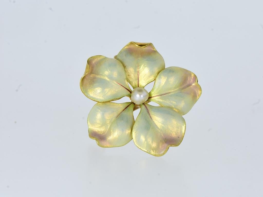 Oro antico cangiante  Fiore smaltato e NAT. Spilla Art Nouveau con perle, c.I.C. 1895 in vendita 1