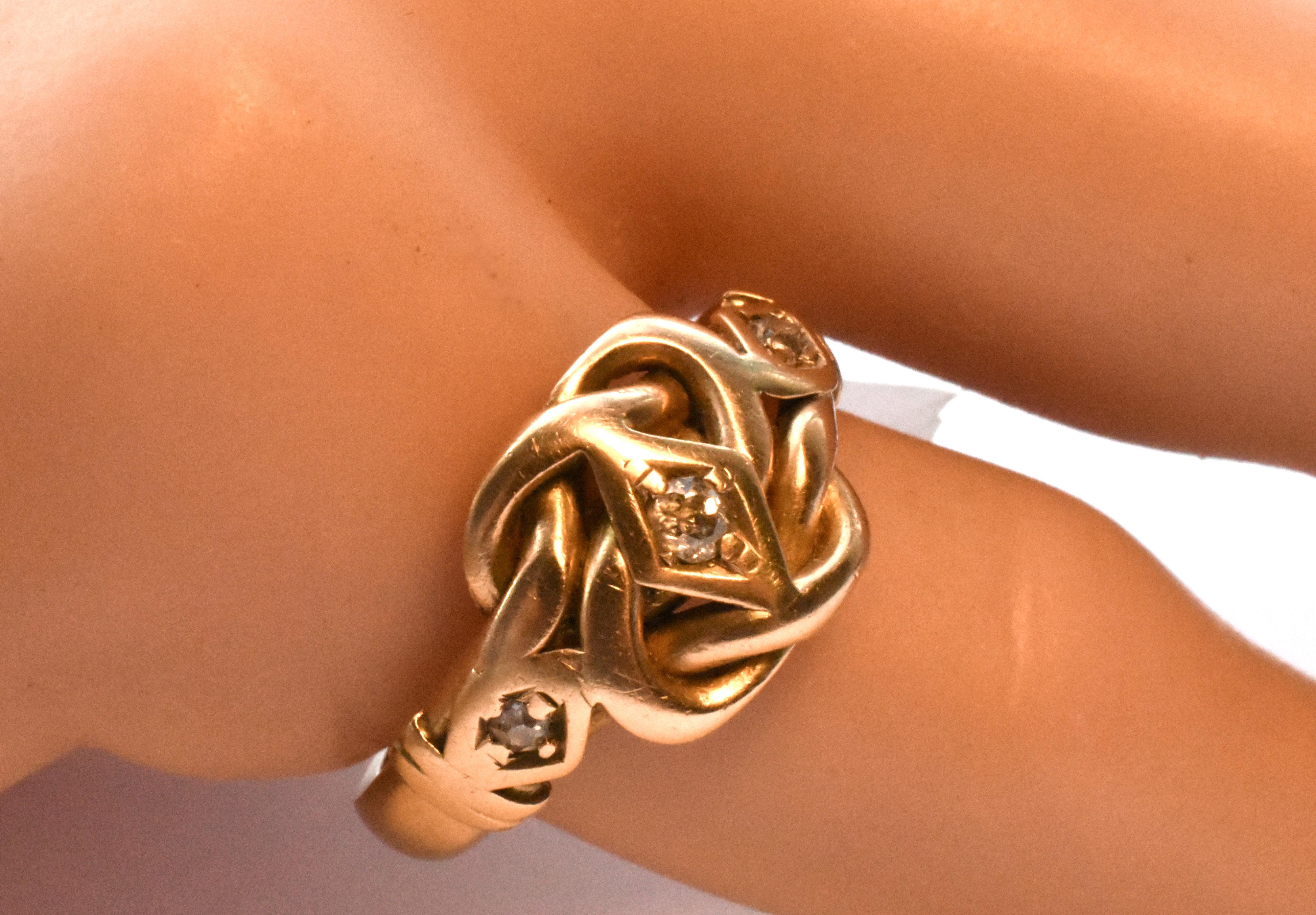 Antique Gold Knot Ring with diamonds, hallmarked Chester 1909, 6 3/4 $1435 In Excellent Condition In Baltimore, MD