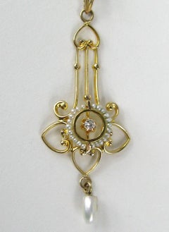 Antique Gold Lavalier Necklace Victorian Seed Pearl Diamond Gold Lavalier