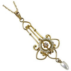 Antique Gold Lavalier Necklace Victorian Seed Pearl Diamond Gold Lavalier