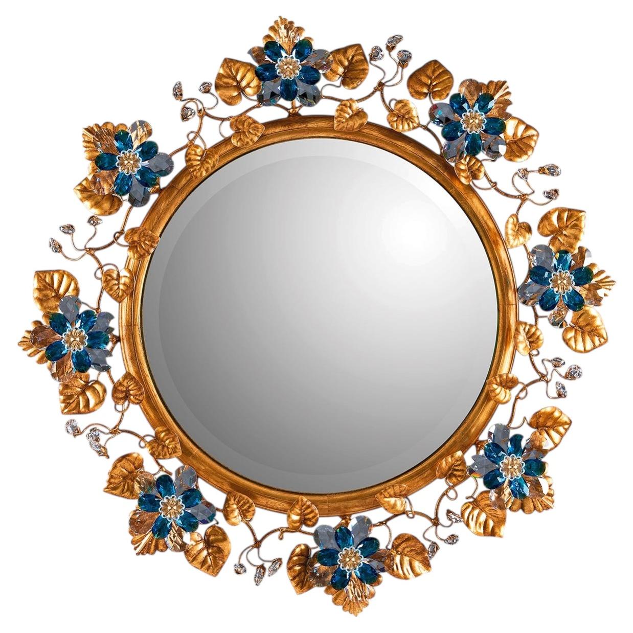 Antique Gold Leaf Metal and Crystal Wall Mirror