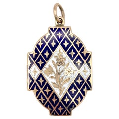 Antique Locket Pendant  Pansies Flowers Stars Black and White Enamel Gilt Metal