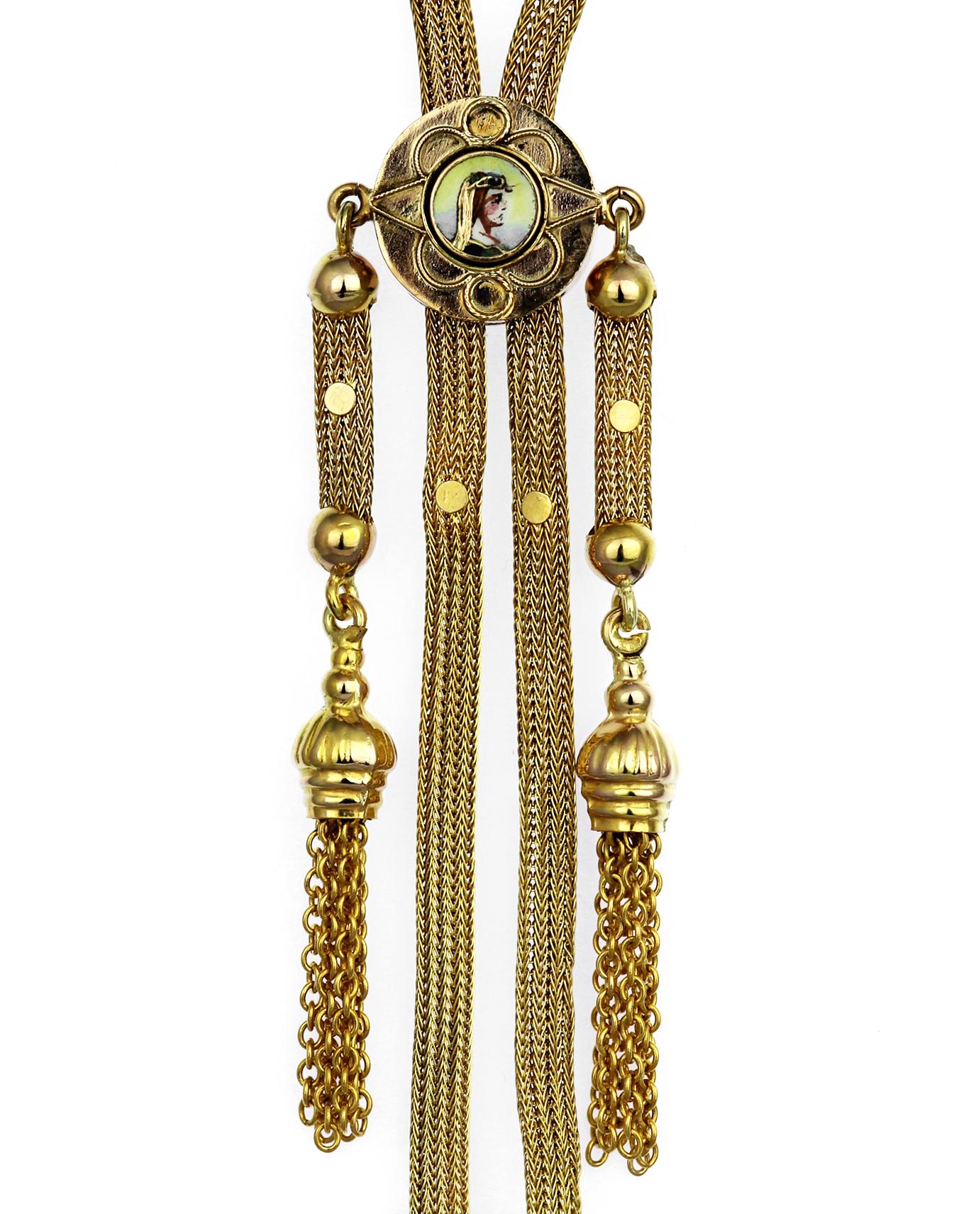 Antique 1880 12K Gold Long Chain/Necklace with Tassel Links with Enamel Panel In Fair Condition For Sale In London, GB