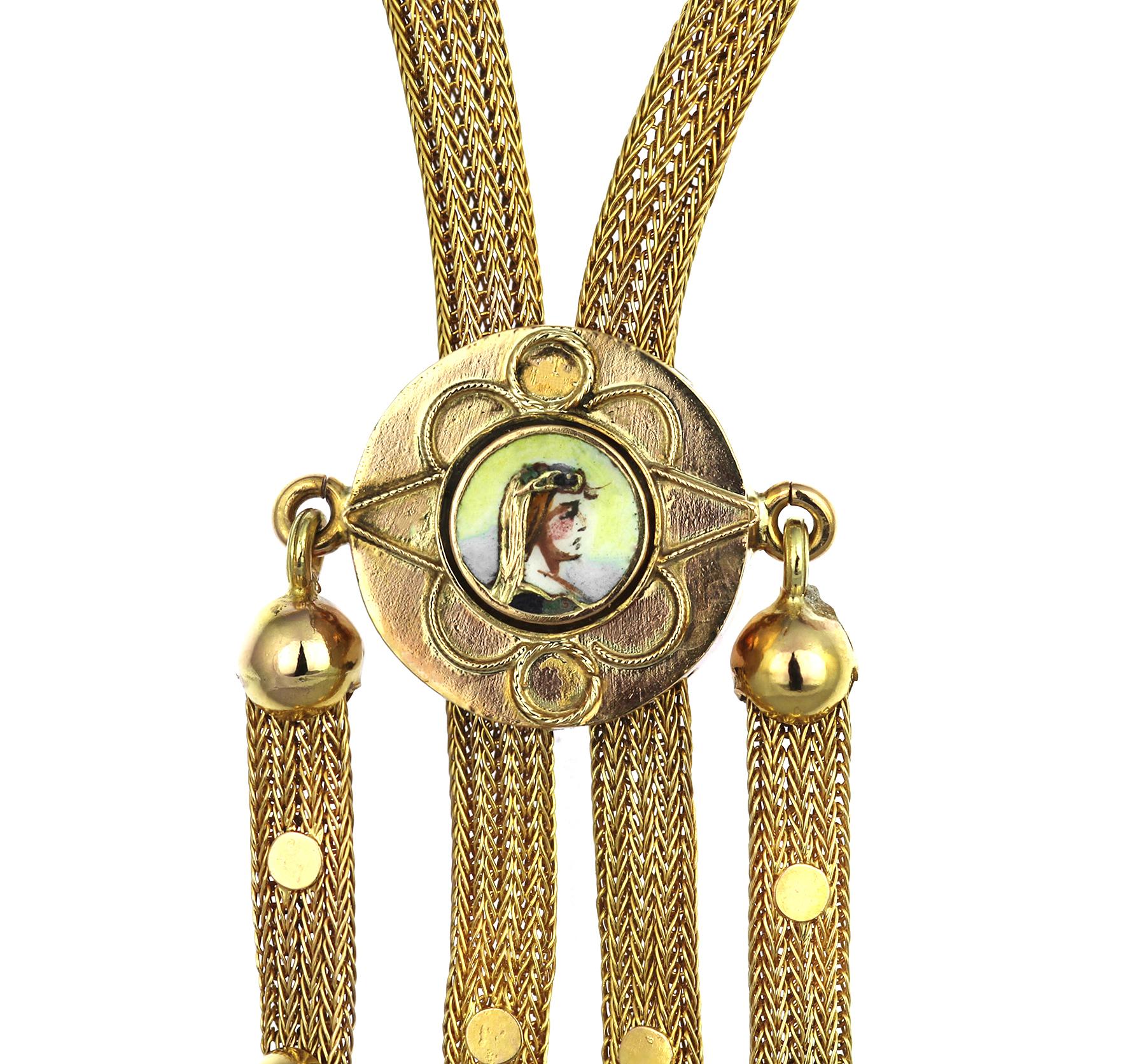 Women's Antique 1880 12K Gold Long Chain/Necklace with Tassel Links with Enamel Panel For Sale