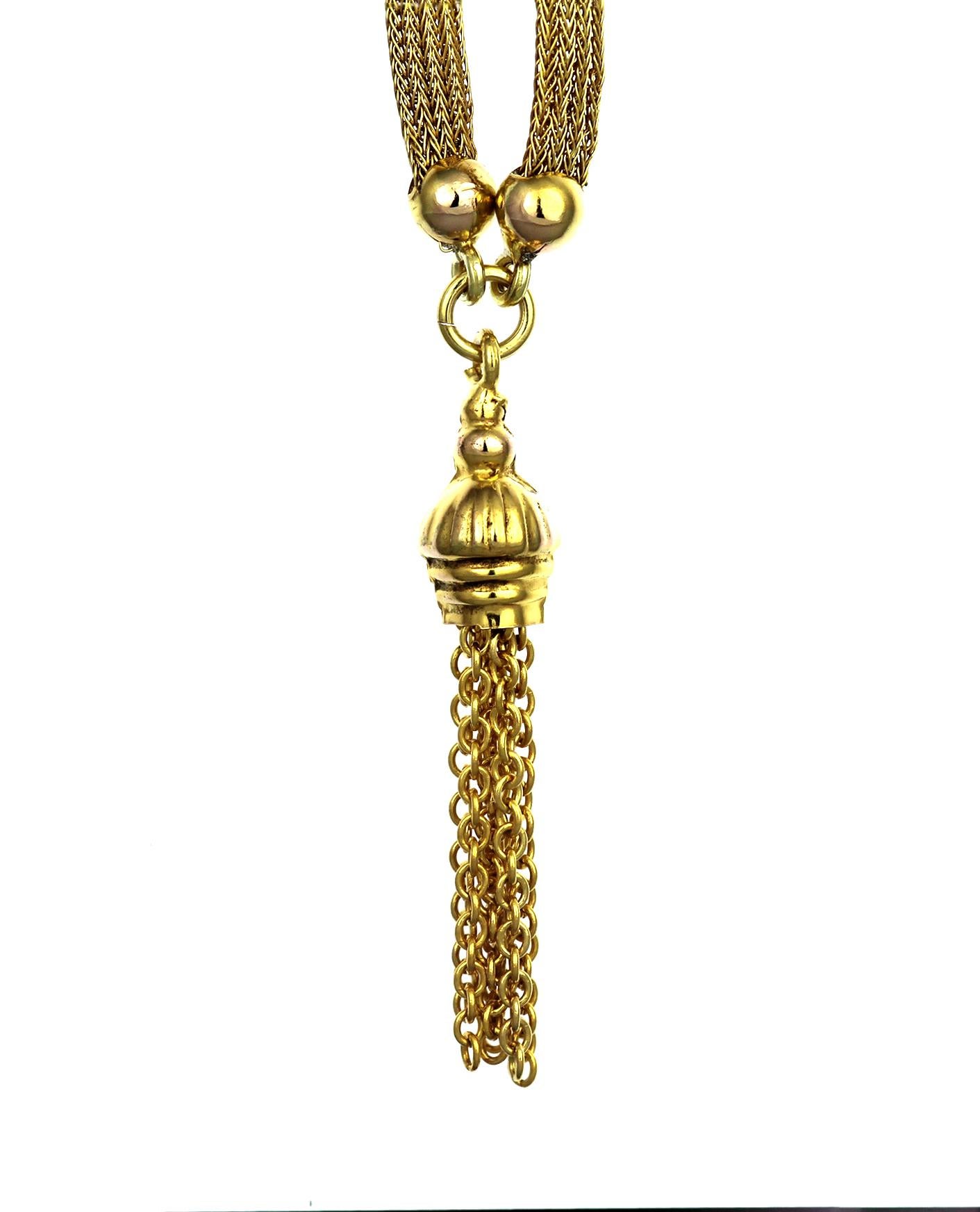 Antique 1880 12K Gold Long Chain/Necklace with Tassel Links with Enamel Panel In Fair Condition For Sale In London, GB