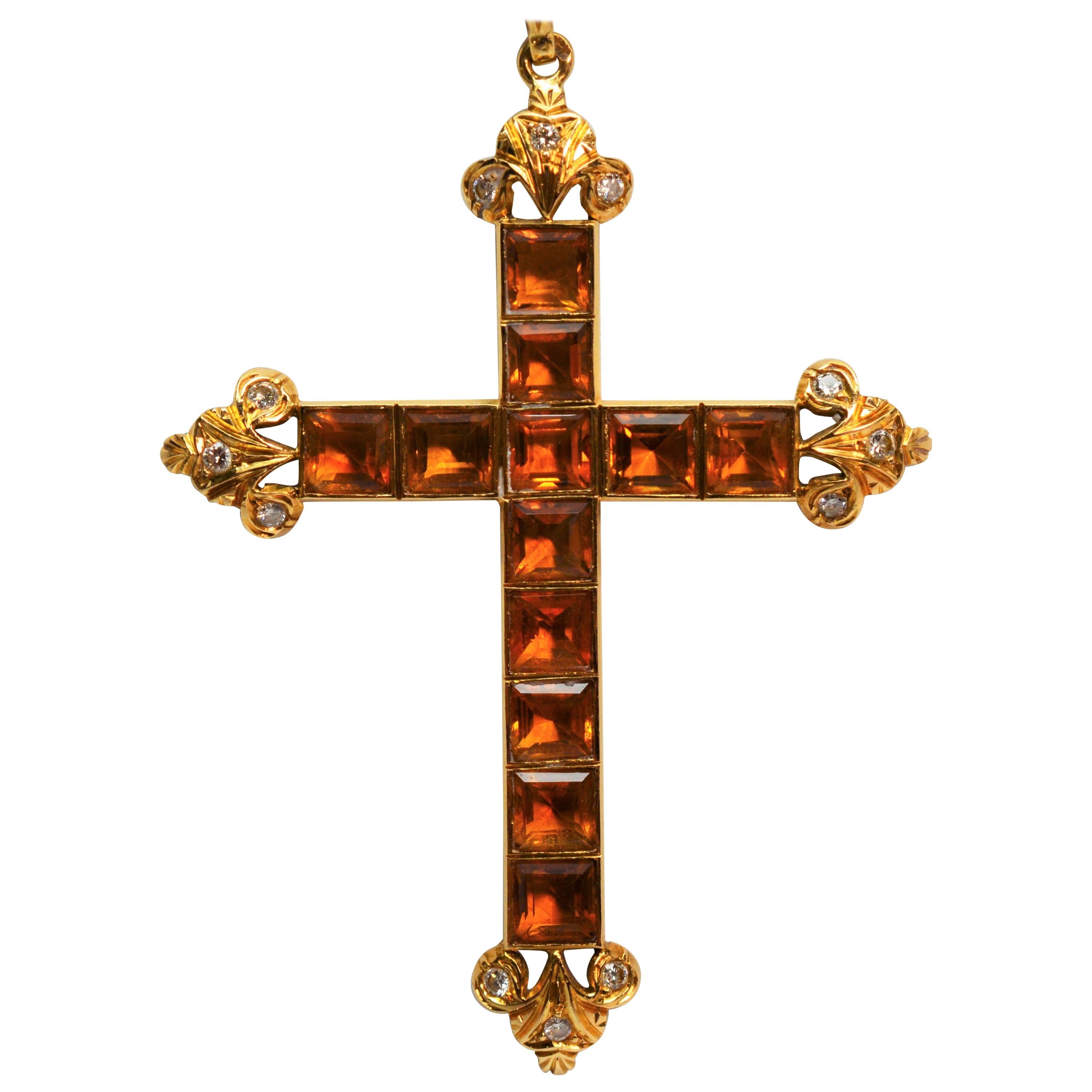 Collier pendentif croix en or ancien Madeira Citrine Diamant