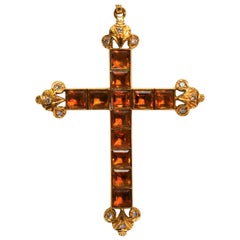 Antique Gold Madeira Citrine Diamond Cross Pendant Necklace