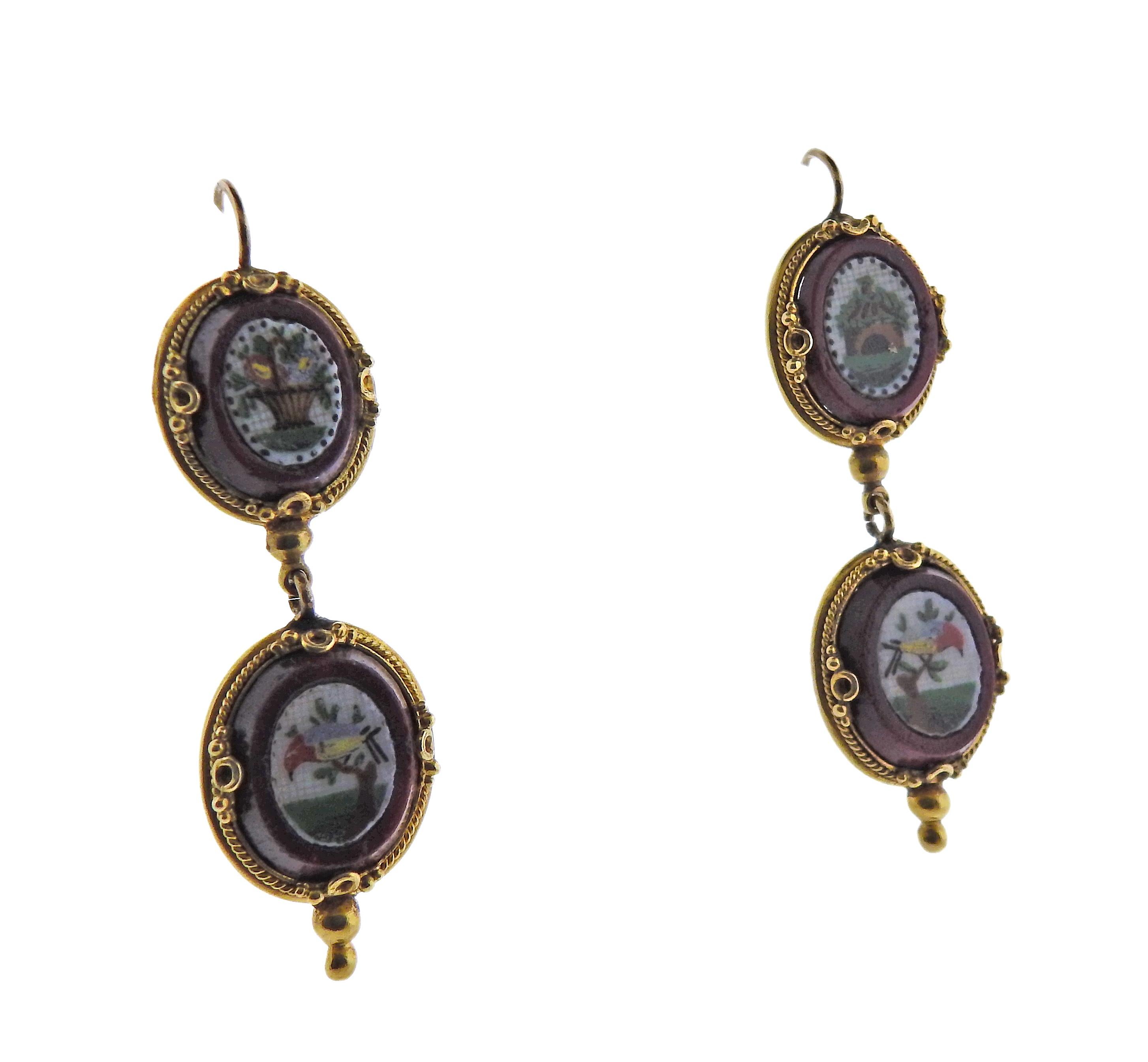 Pair of 18k gold antique earring with hard stone micro mosaic ornaments. Earrings are 45mm x 14mm. Weight - 12.5 grams.