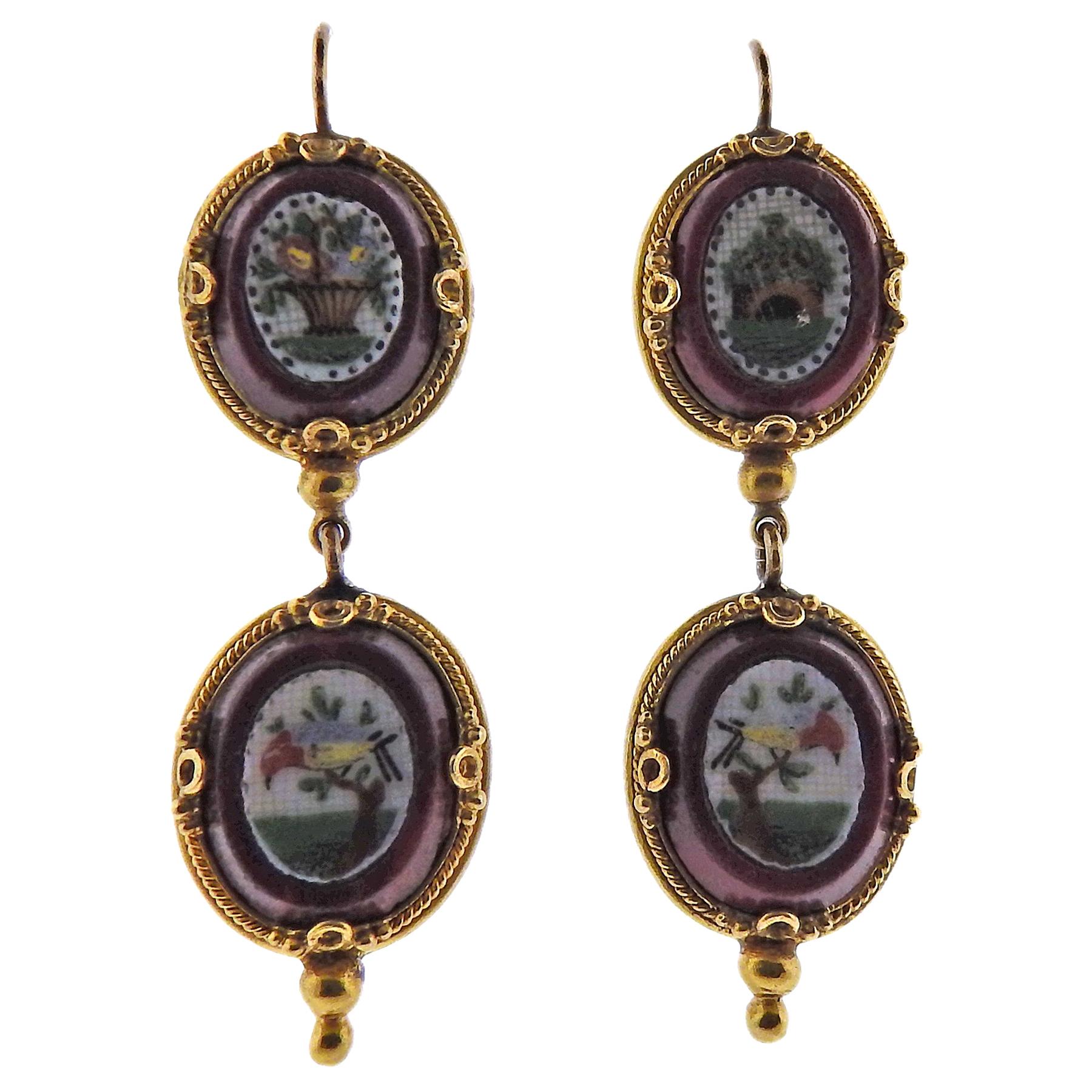 Antique Gold Micro Mosaic Drop Earrings For Sale