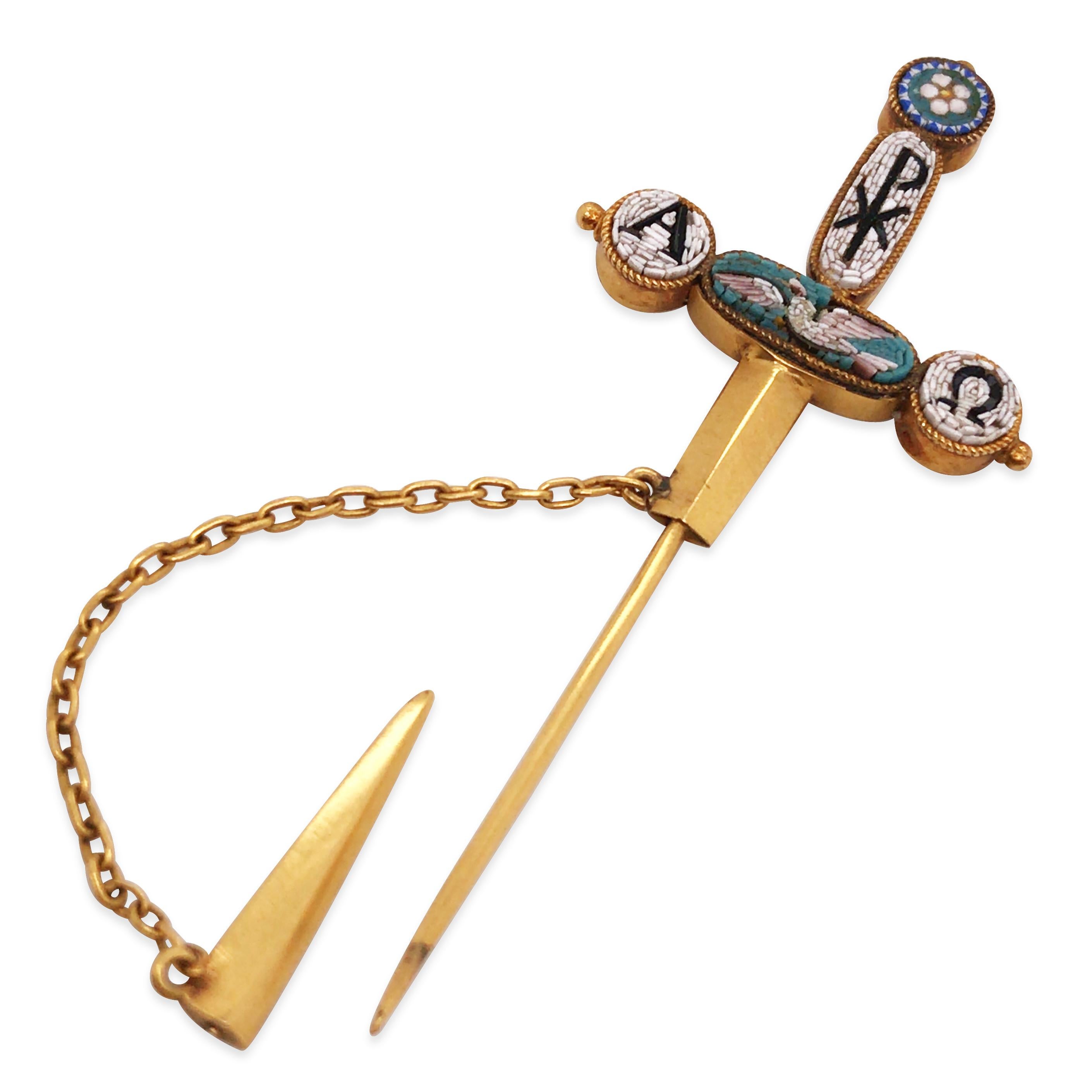 Designed as a sword with Chi Rho, Alpha and Omega, and a dove symbol.

Weight: 4.0 grams
Measurement: 7.6cm in length