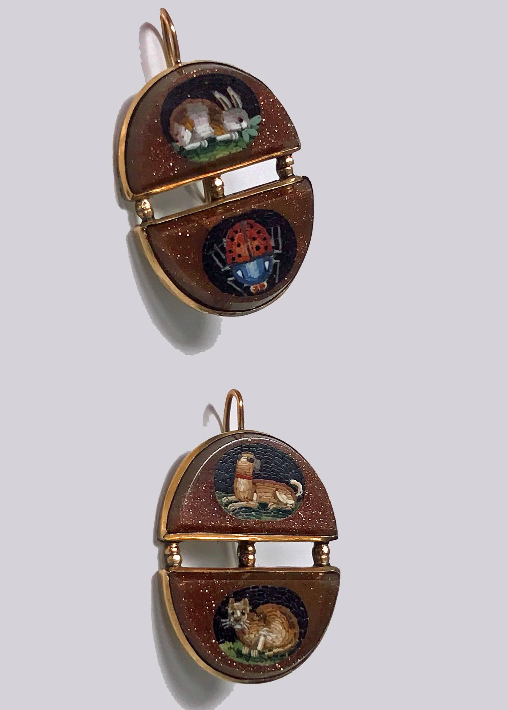 Wonderful Gold Mosaic Earrings - rabbit, ladybug, dog and cat, C.1875. Each earring depicting micro mosaic animals on goldstone background. All mounted in 18K tested (later 10K hook fitments). Measure: Approximately 26 x 20 mm. Total Item Weight: