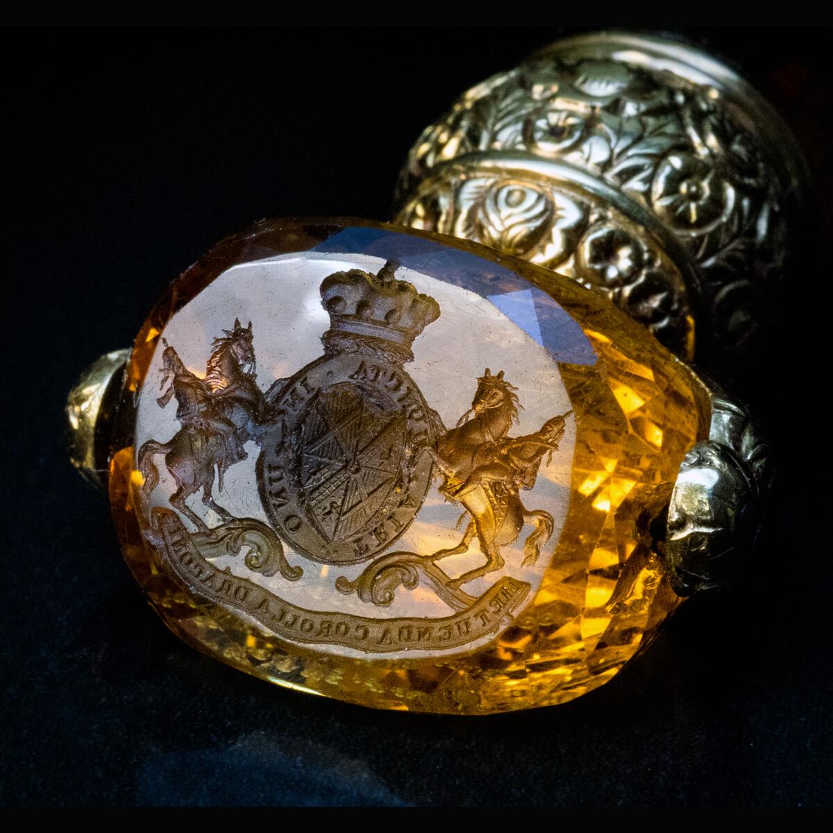 The gold mounted carved citrine desk seal of Charles William Vane, one of Britain’s wealthiest men, who was also the 3rd Marquess of Londonderry (1778-1854), Cavalry General, aide-de-camp to King George III, politician, Under-Secretary of State for