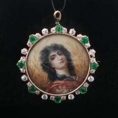 Antique Gold Muzo Colombian Emerald Diamond Hand Painted Portrait Pendant Brooch