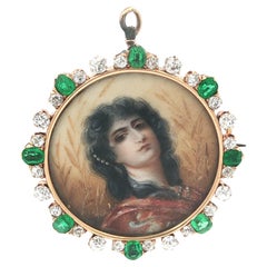 Antique Gold Muzo Colombian Emerald Diamond Hand Painted Portrait Pendant Brooch