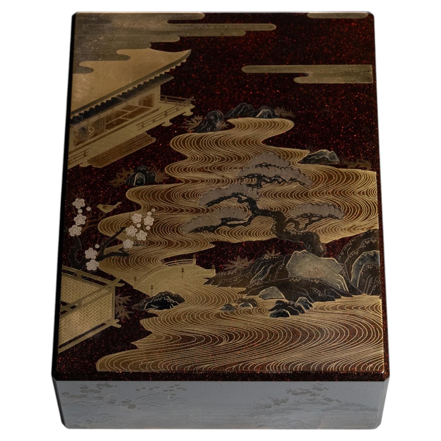 Antique Gold Nashiji Maki-e Document Box, Hatsune Landscape