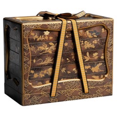 Antique Gold Nashiji Maki-e Tiered Writing Box with Desk