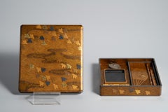 Antique Gold Nashiji Maki-e Wave and Plover Suzuribako
