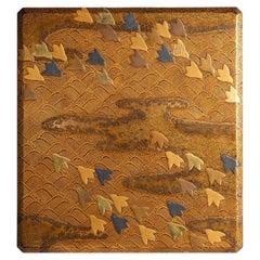Antique Gold Nashiji Maki-e Wave and Plover Suzuribako