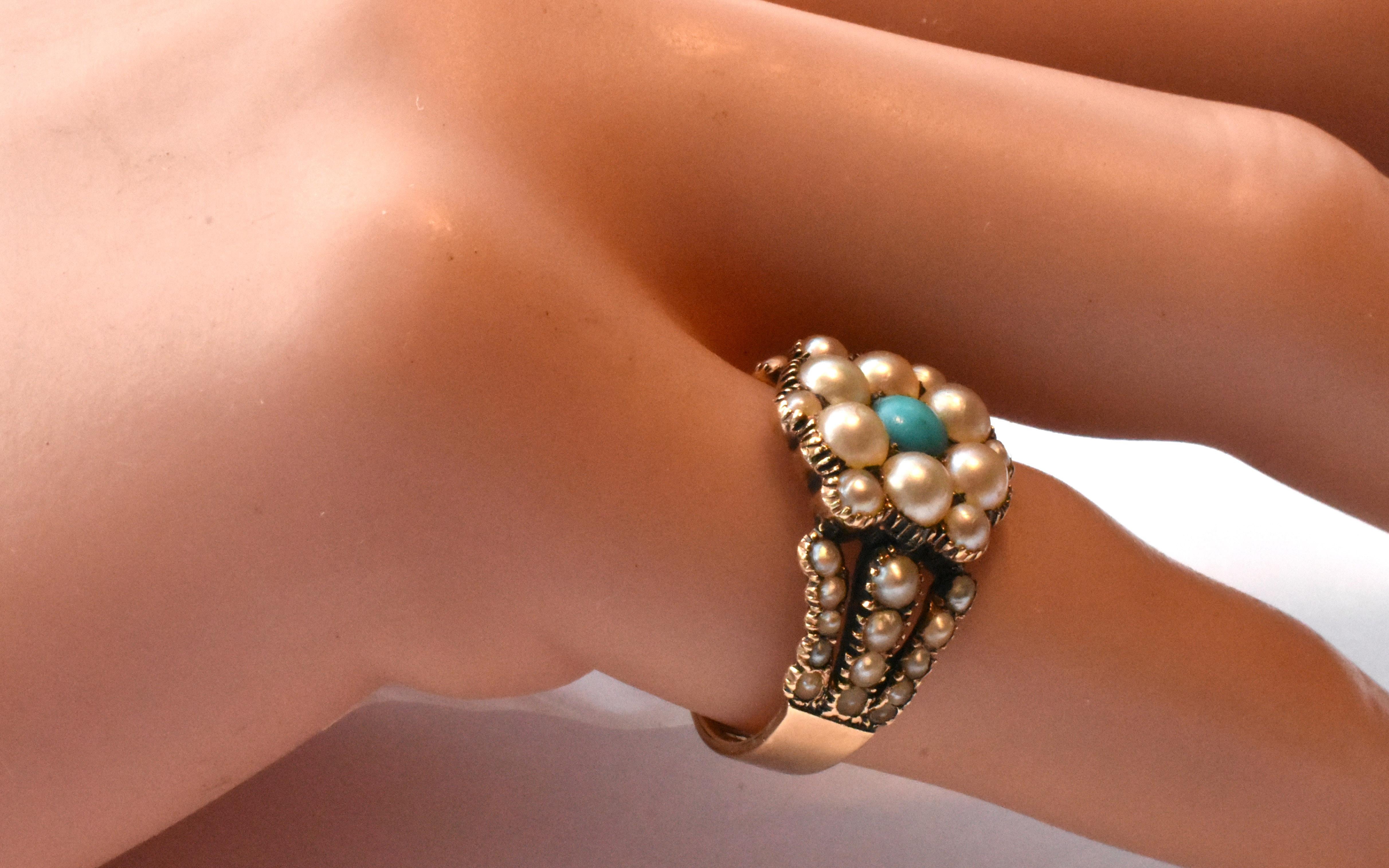 Antique Gold Natural Pearl and Turquoise Ring 7