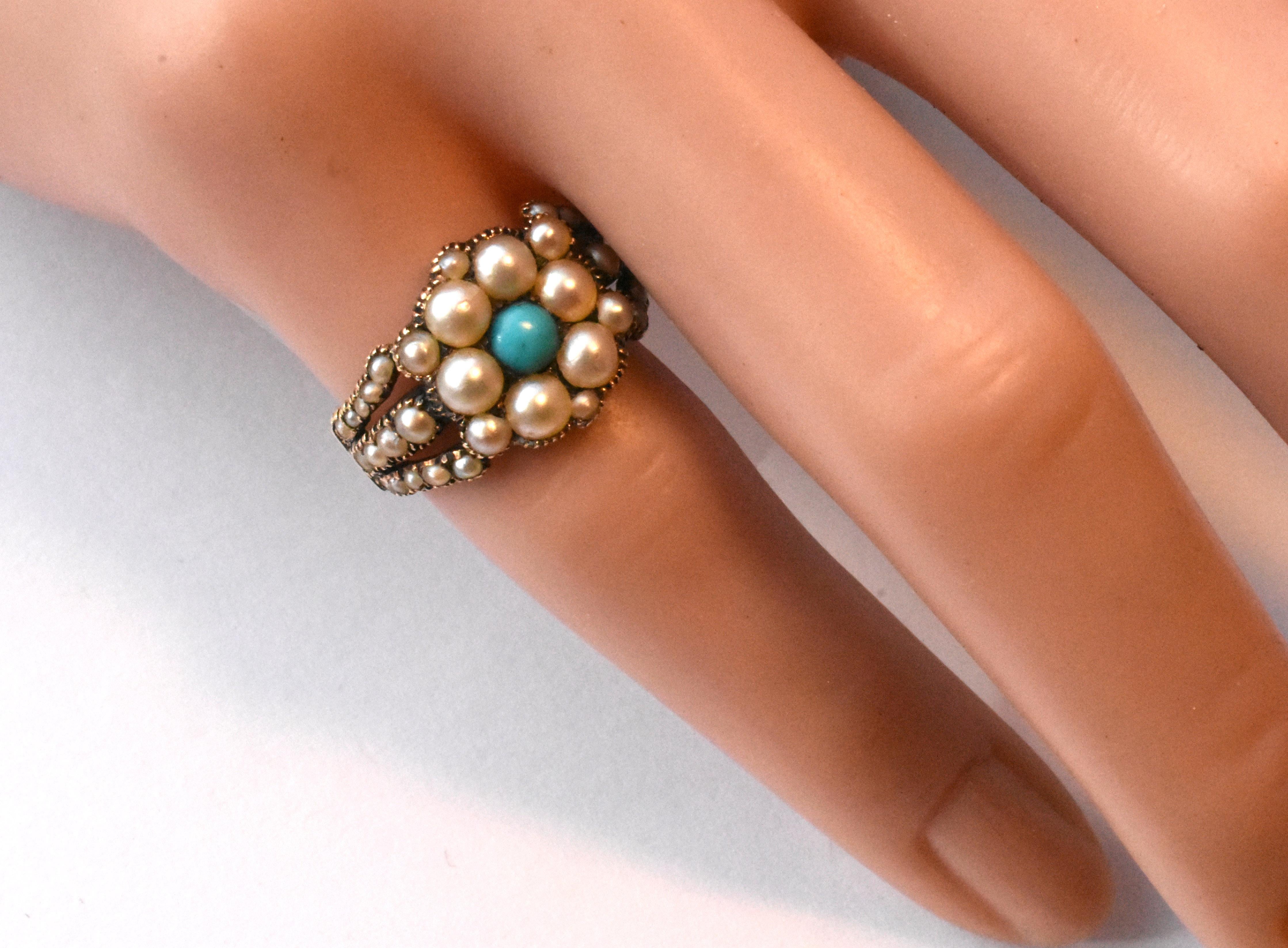 Antique Gold Natural Pearl and Turquoise Ring 8