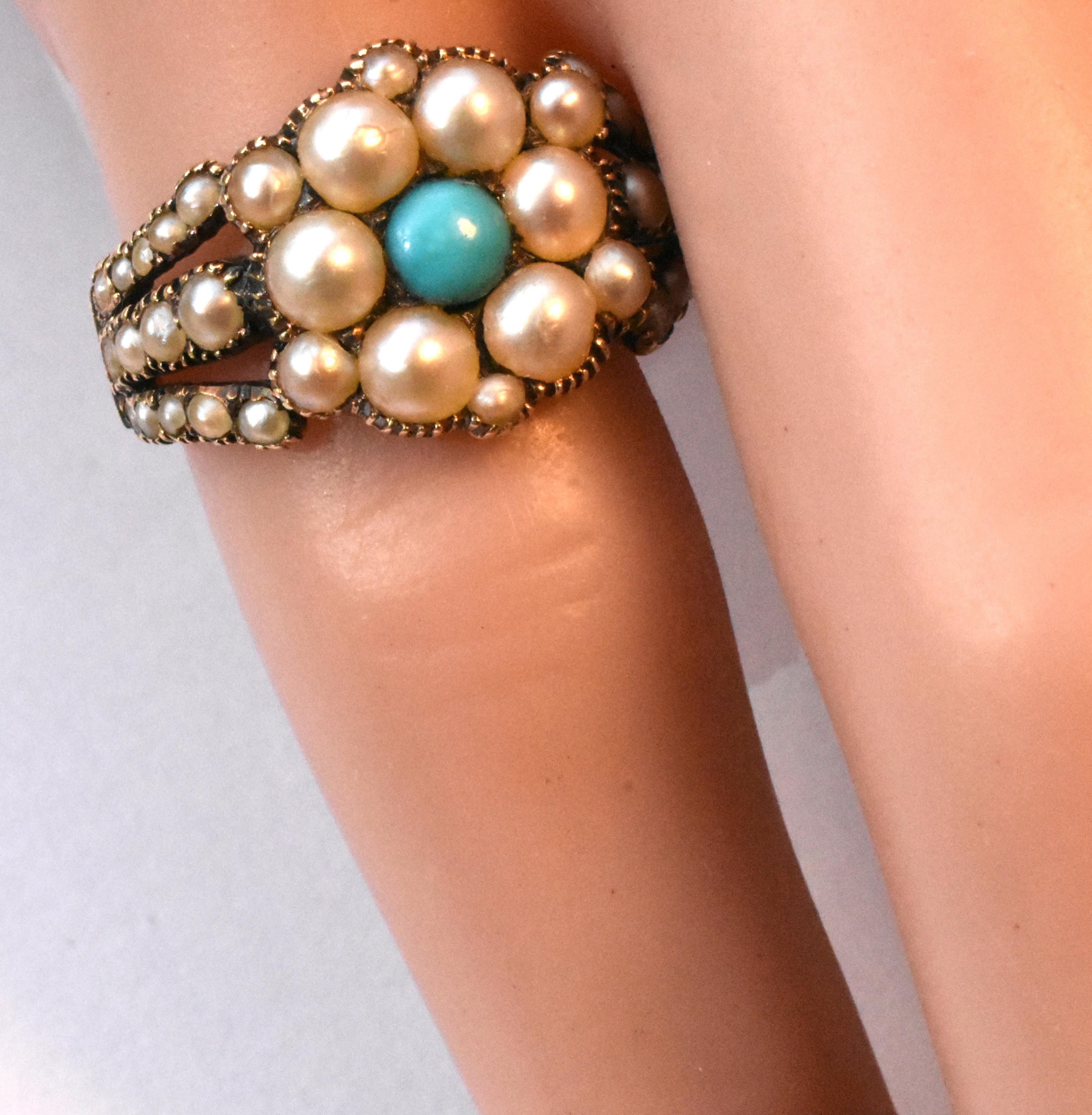 Antique Gold Natural Pearl and Turquoise Ring 9