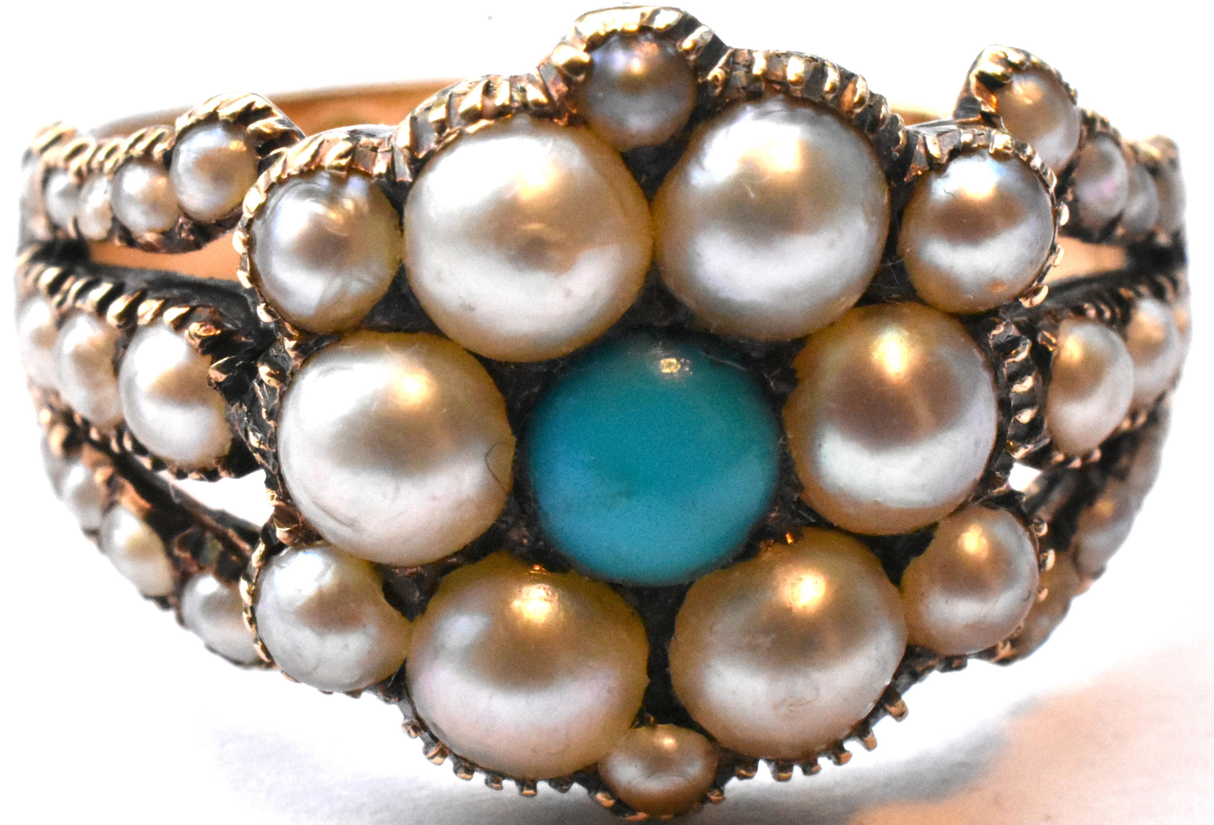 18k Natural pearl and turquoise ring hallmarked 